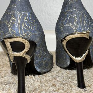 Vintage Roberto Cavalli RC Monogram Logo Heels Sz 38‎ Denim Gold Metal